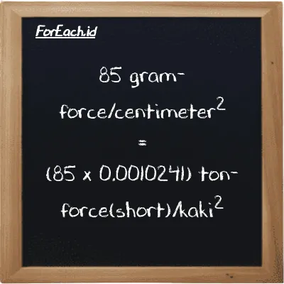 Cara konversi gram-force/centimeter<sup>2</sup> ke ton-force(short)/kaki<sup>2</sup> (gf/cm<sup>2</sup> ke tf/ft<sup>2</sup>): 85 gram-force/centimeter<sup>2</sup> (gf/cm<sup>2</sup>) setara dengan 85 dikalikan dengan 0.0010241 ton-force(short)/kaki<sup>2</sup> (tf/ft<sup>2</sup>)